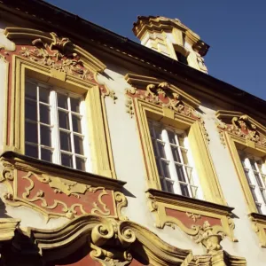 Ornate scrollwork over building housing art gallery, Litomerice, North Bohemia