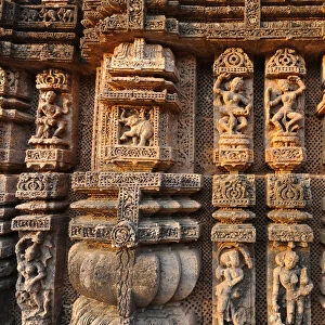 Ornately carved dancers and musicians on the Kalinga style Konark Sun Temple to Surya
