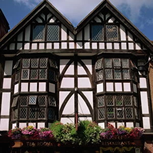 Outdoor tea room and tudor building facade, Winchester, Hampshire, England