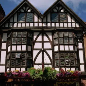 Outdoor tea room and tudor building facade, Winchester, Hampshire, England