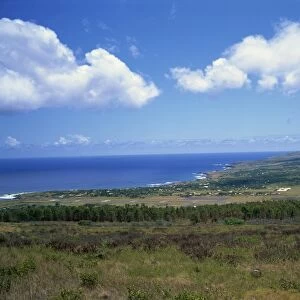 Overlooking Hanga Roa town, airport and west coast, Easter Island, Chile, South America