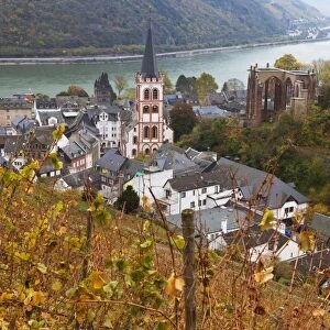 Overview of Bacharach and the Rhine River in autumn, Rhineland-Palatinate, Germany