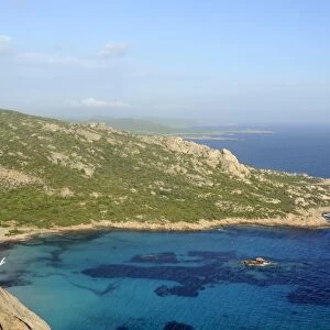 Overview of Roccapina Bay and the rocky south coast of Corsica from Cape Roccapina, Corsica, France, Mediterranean, Europe