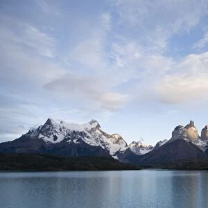 Paine Horns (Cuernos) on right, and Big Paine (Paine Grande) on left seen from Lago Pehoe