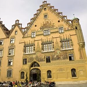 The painted facade of the medieval Ulmer Rathaus (Town Hall) shows scenes from German history