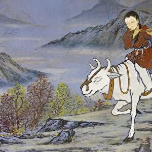 Painting of coming home on the Oxs back, from the ten Ox Herding Pictures of Zen