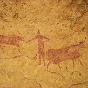 Painting with herdsman tending cattle on cave wall, Tassili Plateau, Algeria