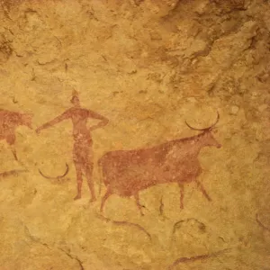 Painting with herdsman tending cattle on cave wall, Tassili Plateau, Algeria