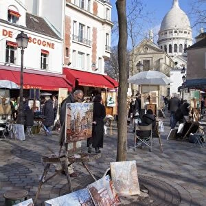 Paintings for sale in the Place du Tertre with Sacre Coeur Basilica in distance, Montmartre, Paris, France, Europe