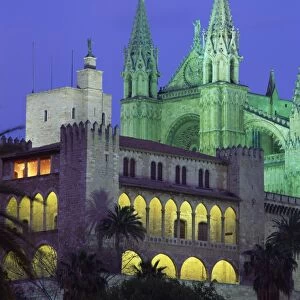 The Palma Bay cathedral illuminated at night, on Majorca, Balearic Islands, Spain, Europe