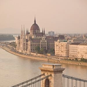 Panorama of city at sunset with neo-gothic Hungarian Parliament building
