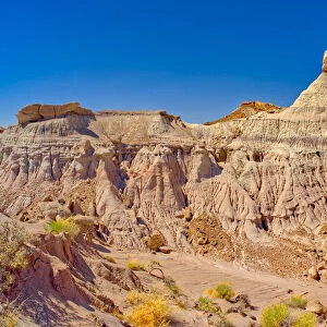 Panorama of three hoodoos shaped like kings, on the edge of the Blue Mesa in Petrified
