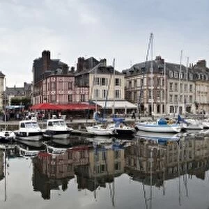Panorama of inner harbour, Honfleur, Normandy, France, Europe