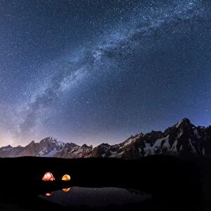 Panorama of Mont Blanc, Mont De La Saxe and Grand Jorasses under the starry sky, Graian Alps