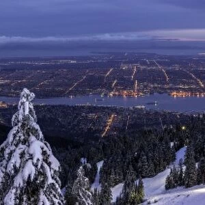 Panorama of Vancouver from mountain peak above ski resort, Vancouver, British Columbia