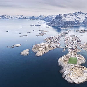Panoramic aerial view of soccer pitch and islets, Henningsvaer, Vagan municipality