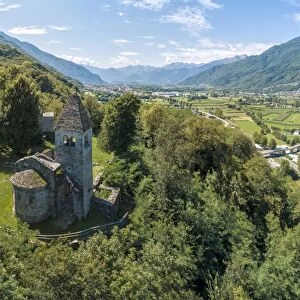 Panoramic of medieval Abbey of San Pietro in Vallate from drone, Piagno, Sondrio province
