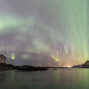 Panoramic of Northern Lights (Aurora borealis) on Gimsoy, Gimsoyand, Vagan municipality