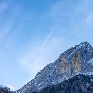 Panoramic view of Grohmannspitze Punta Grohmann at dusk in winter, Val di Fassa, Trentino