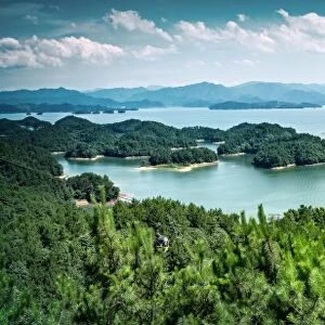 A panoramic view on the islands of Qiandaohu (Thousand Islands) Lake, Chunan, Zhejiang