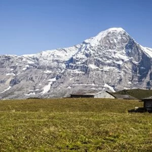 Panoramic view of wood hut with Mount Eiger in the background, Grindelwald, Bernese Oberland