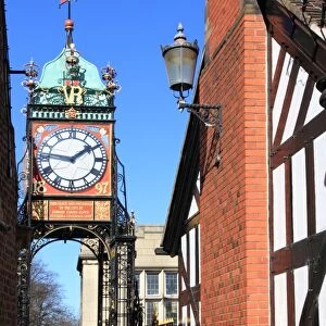 Pedestrian bridge over Eastgate, with clock, Chester, Cheshire, England, United Kingdom, Europe