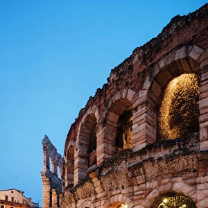 Piazza Bra and Roman Arena at night, Verona, Veneto Province, Italy, Europe