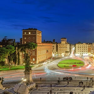 Piazza Venezia (Venice Square) with traffic at blue hour elevated view from Altare