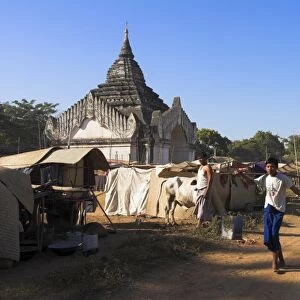 Pilgrims from the country camp with their bullock carts in the grounds around the temple