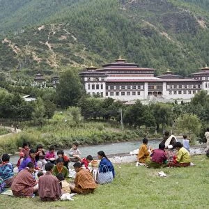 Pilgrims having picnic during Buddhist festival, Trashi Chhoe Dzong, Thimphu