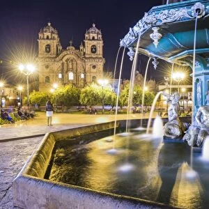Plaza de Armas Fountain and Church of the Society of Jesus at night, UNESCO World Heritage Site