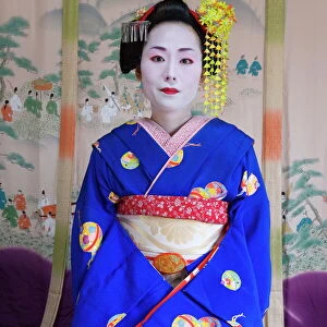 Portrait of a Geisha in a traditional Japanese style tatami mat room