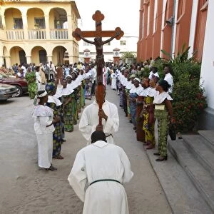 Procession outside Lome cathedral, Lome, Togo, West Africa, Africa