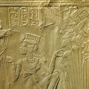 Detail of queen Ankhesenamun on the gilded shrine, from the tomb of the pharoah Tutankhamun