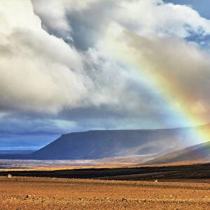 Rainbow over landscape along the F550 road, in the Kaldidalur valley, west of the Langjokull ice-cap, on the edge of the Highlands, west Iceland, Polar Regions