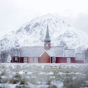 Red church of Flakstad in winter fog, Flakstad, Nordland county, Lofoten Islands, Norway, Scandinavia, Europe