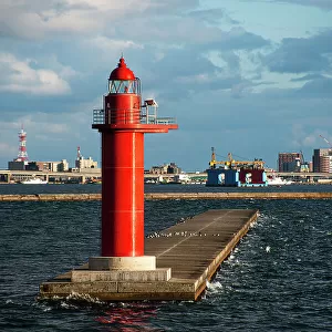 Red lighthouse in front of the harbor of Hakodate, Hokkaido, Japan, Asia