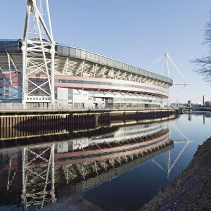 Reflection of Millennium Stadium in River Taff, Cardiff, Wales, United Kingdom, Europe