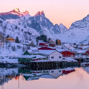 Reine fishing village in winter, Reinefjord, Moskenesoya, Lofoten Islands, Arctic