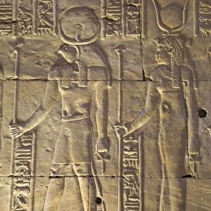 Relief depicting the God Horus on left and the Goddess Hathor on right, Temple of Horus
