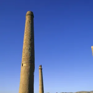 Four of the six remaining minarets marking the corners of the long gone Madrassa built by the last Timurid ruler Sultan Husain Baiquara, within the Mousallah Complex of Gaur Shads mausoleum, Herat