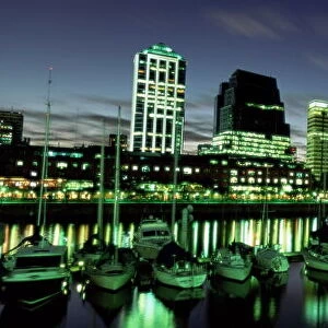 Restaurants and cafes at dusk, waterfront area of Puerto Madero, Buenos Aires
