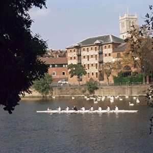 Restored warehouses and the River Severn, Worcester, Worcestershire, England