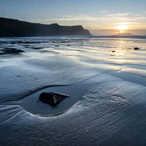 Rhossili Bay beach at low tide, at sunset, Rhossili, Gower Peninsula, Swansea, Wales