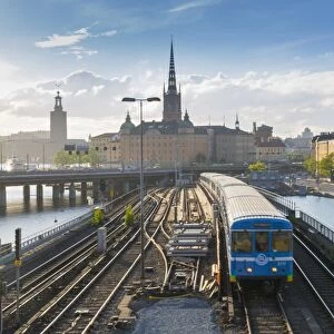 Riddarholmen Church and train from Sodermalm, Stockholm, Sweden, Scandinavia, Europe