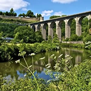 River Rance banks, with viaduct and Castle walls, Dinan, Brittany, France, Europe