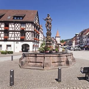 Roehrbrunnen Fountain at the market square, town hall and Obertorturm tower, Gengenbach