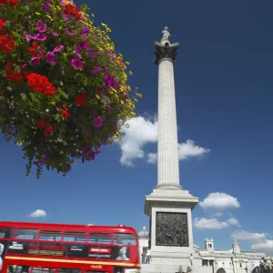 Routemaster bus passing Nelsons Column, Trafalgar Square, London, England