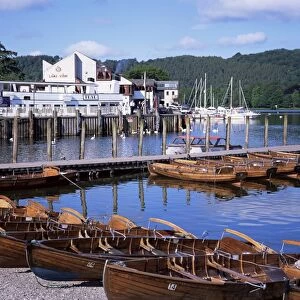 Rowing boats and pier, Bowness-on-Windermere, Lake District, Cumbria, England