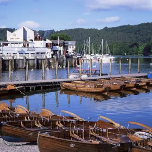 Rowing boats and pier, Bowness-on-Windermere, Lake District, Cumbria, England